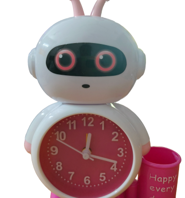 Robot-shaped alarm clock with pen stand, designed primarily for children. - pink