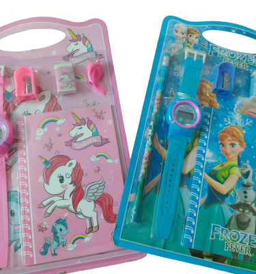 Kids' stationery gift sets, featuring popular cartoon themes like unicorns and Disney's Frozen Fever. - 2 pcs